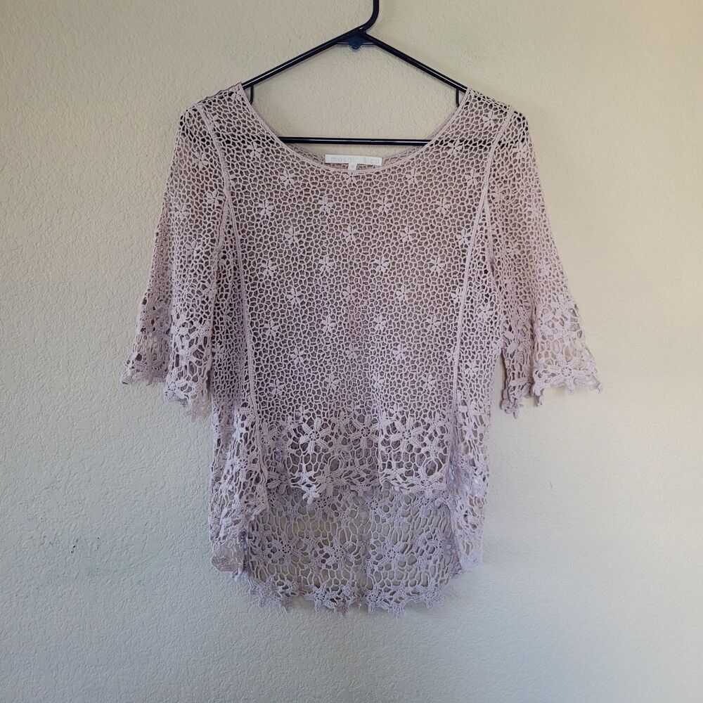 Womens Open Knit Cotton Pullover Sweater Small Floral Crochet Boho Coastal Beach
